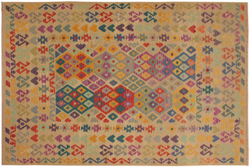 Flat Weave Kilim, Antique, Navaho, Vintage, Handmade, Geometric Kilim Beige Red Hand-Woven Rectangle 100% Wool Area Rug 7 x 10